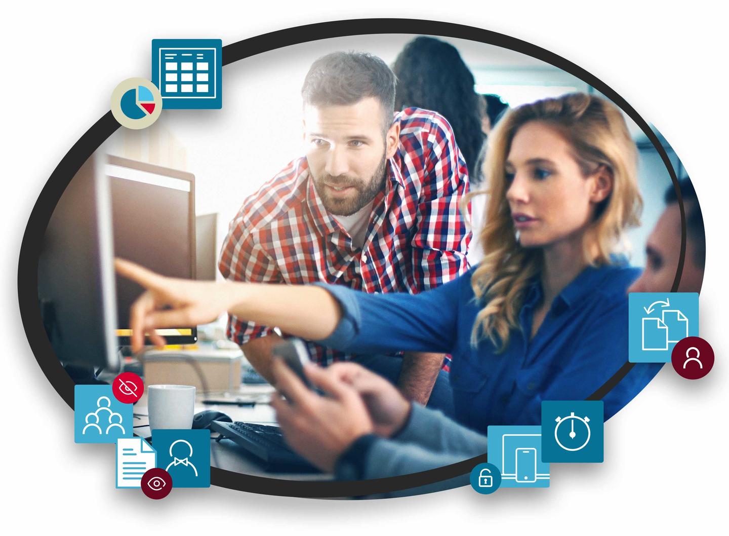 Effiziente Projektarbeit dank agilem Arbeiten mit Kanban-Taskboard, Zeiterfassung und nahtlosem Dokumentenaustausch. Ein Team bespricht am Computer gemeinsam ein Projekt und bewertet das weitere Vorgehen.