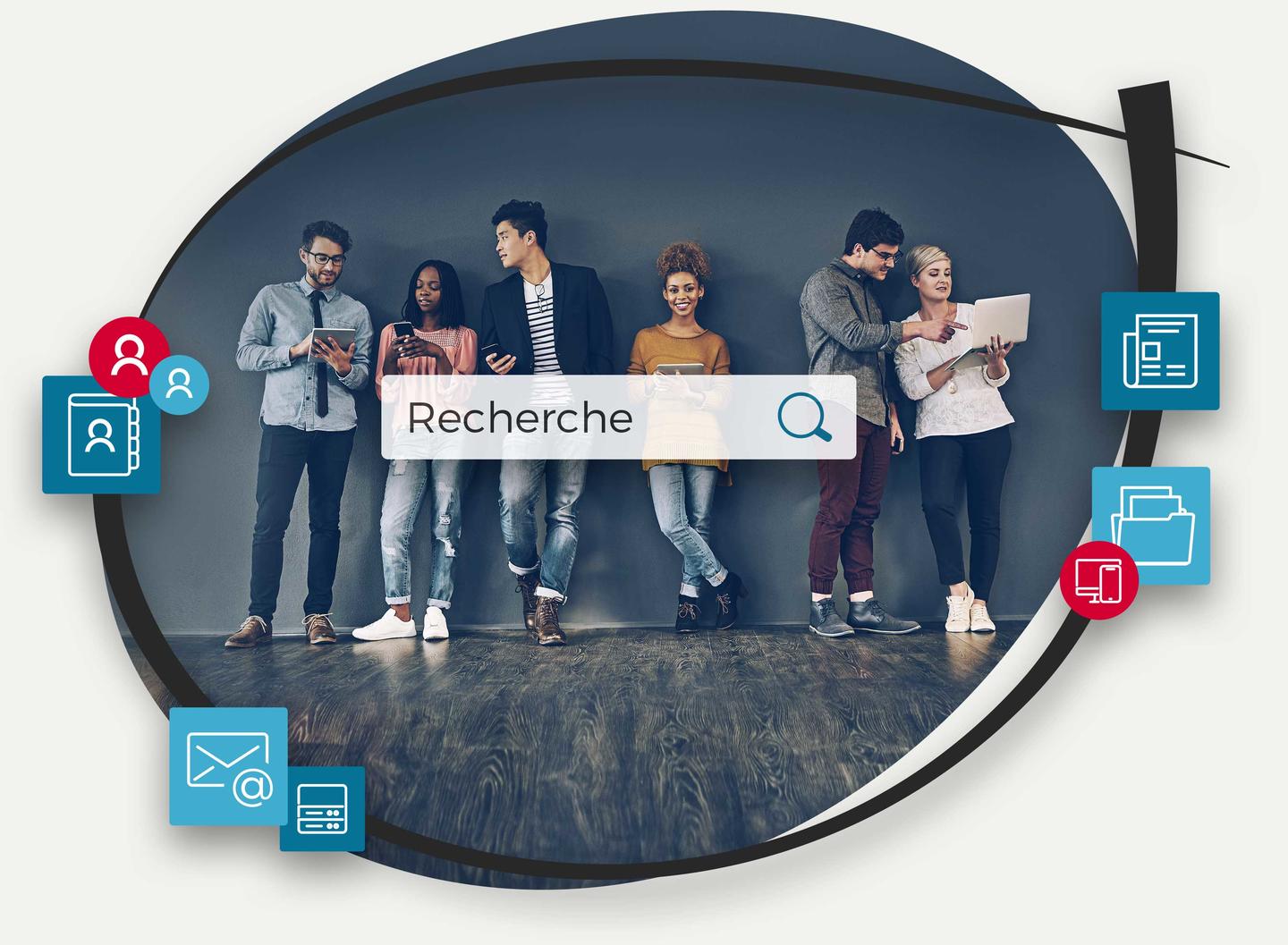 Recherchieren Sie den gesamten Dokumentenbestand Ihres Unternehmens in Sekundenschnelle. Eine Gruppe von Menschen durchsucht den Dokumentenbestand des Unternehmens von verschiedenen Geräten aus.